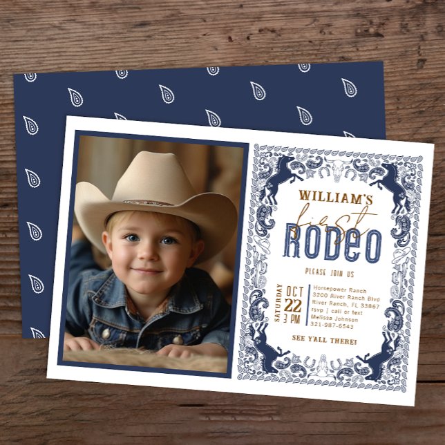 Navy Blue First Rodeo Photo Invitation – Western C (Navy Blue Birthday Invite)