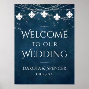Navy Blue Fleur de Lis Fairy Light Wedding Sign