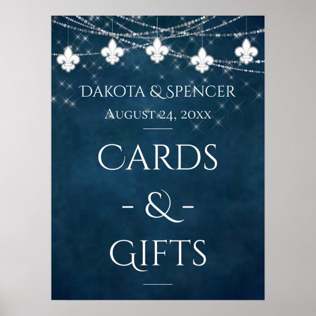Navy Blue Fleur de Lis Fairy Light | Wedding Sign (Front)