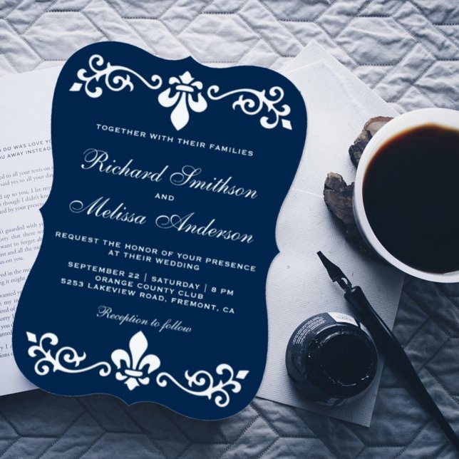 Navy Blue Fleur De Lis Flourish Wedding Invitation (Creator Uploaded)