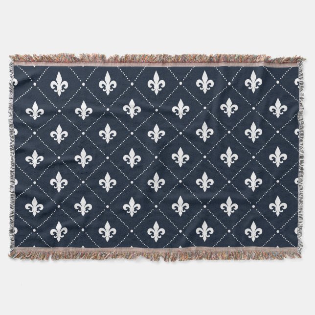 Navy Blue Fleur De Lis Luxury Damask Pattern Throw Blanket (Front)