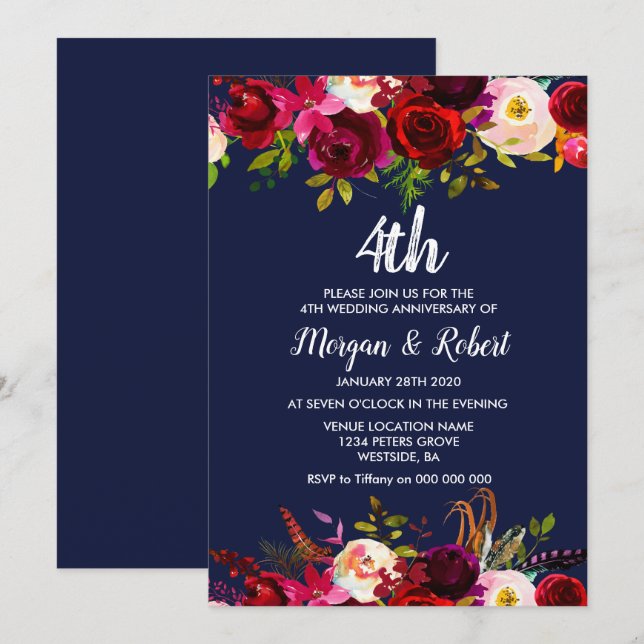Navy Blue Floral 4th Wedding Anniversary Invite (Front/Back)