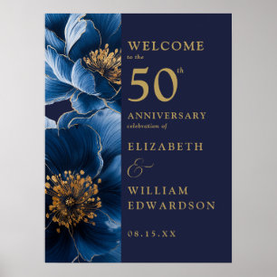 Navy Blue Floral 50th Anniversary Welcome Sign