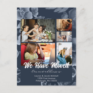 Navy Blue Floral 5 photos Moving Announcement Postcard