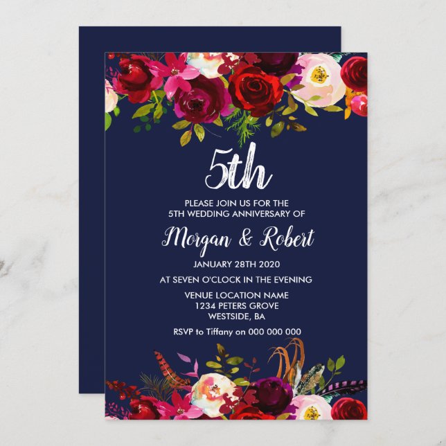 Navy Blue Floral 5th Wedding Anniversary Invite (Front/Back)