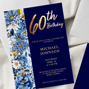 Navy Blue Floral 60th Birthday Party Invitation