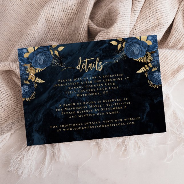 Navy Blue Floral Agate Gold Script Wedding Details Enclosure Card (Creator Uploaded)