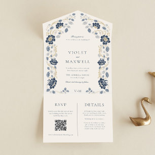 Navy Blue Floral All in One Wedding Invitation