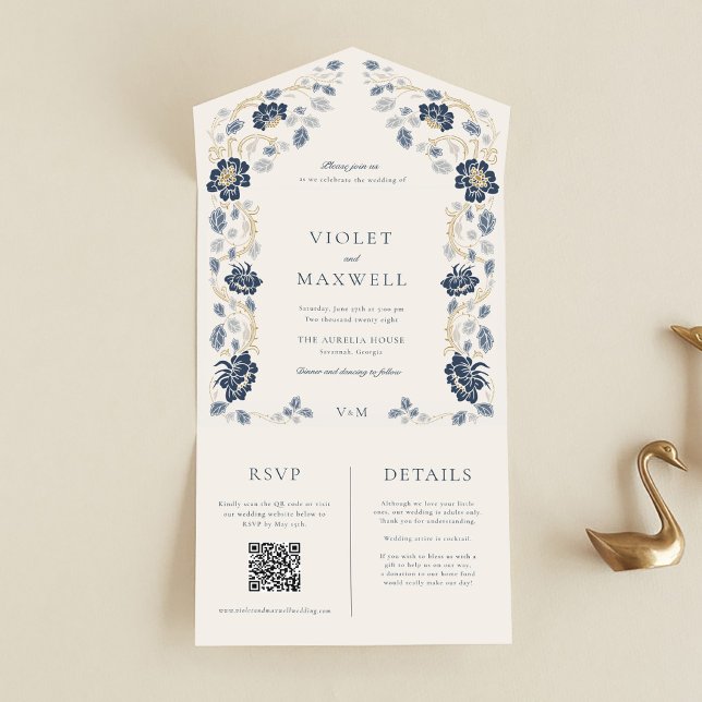 Navy Blue Floral All in One Wedding Invitation (Navy Blue Art Nouveau All In One Wedding Invitation with Details and RSVP Card)