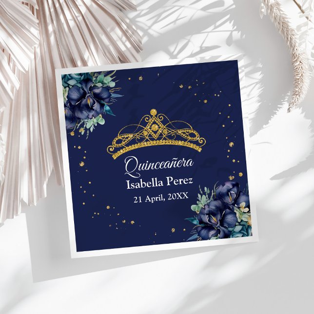 Navy Blue Floral and Gold Tiara Quinceanera Napkin (Navy Blue Floral and Gold Tiara Quinceanera Napkins on a sunny white table.)