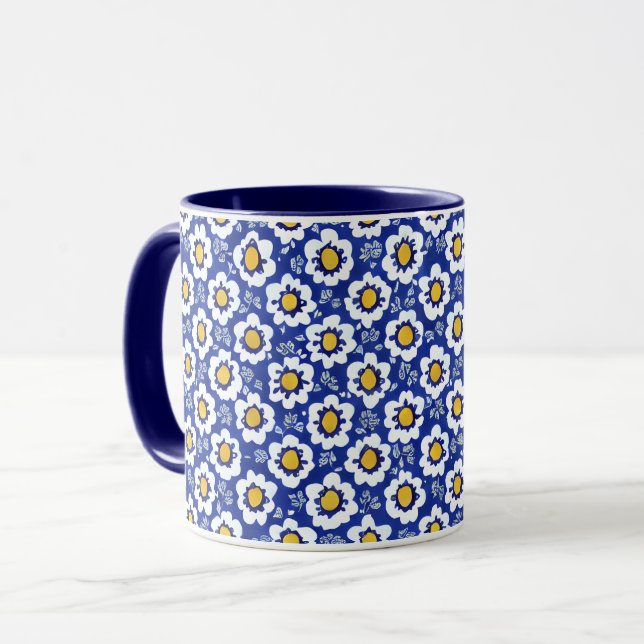 Navy Blue Floral Arabic Pattern  Mug (Front Left)