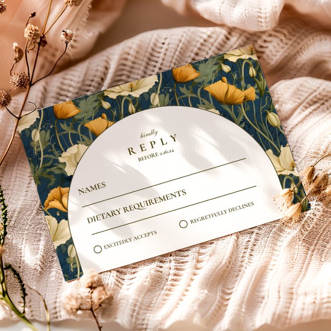 Navy Blue Floral Arch Elegant Wedding RSVP Card (Creator Uploaded)