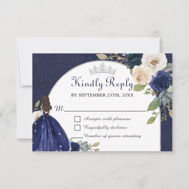 Navy Blue Floral Arch Quinceañera Princess RSVP Card (Front)