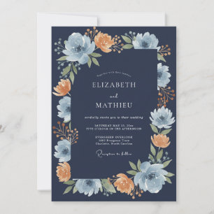 Navy Blue Floral Arch Romance Wedding Invitation