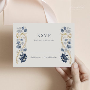 Navy Blue Floral Art Nouveau RSVP Card