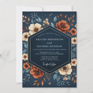 Navy Blue Floral Autumn Elegance Wedding Invitation