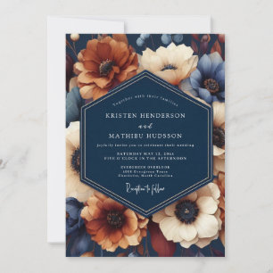 Navy Blue Floral Autumn Wedding Invitation