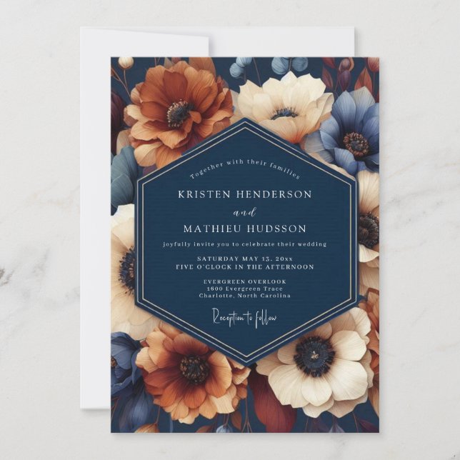 Navy Blue Floral Autumn Wedding Invitation (Front)