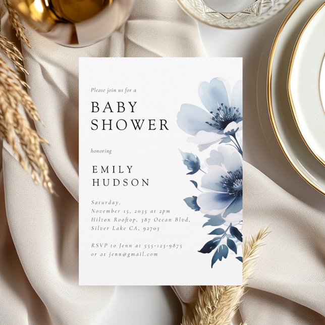 Navy Blue Floral Baby Shower Invitation (Creator Uploaded)
