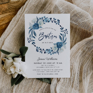 Navy blue floral Baptism invitation