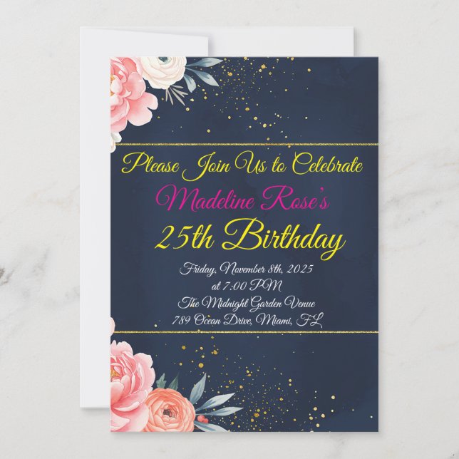 Navy Blue Floral Birthday Invitation (Front)