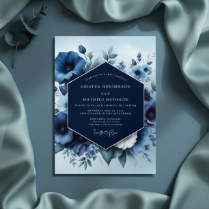 Navy Blue Floral Bloom Wedding Invitation