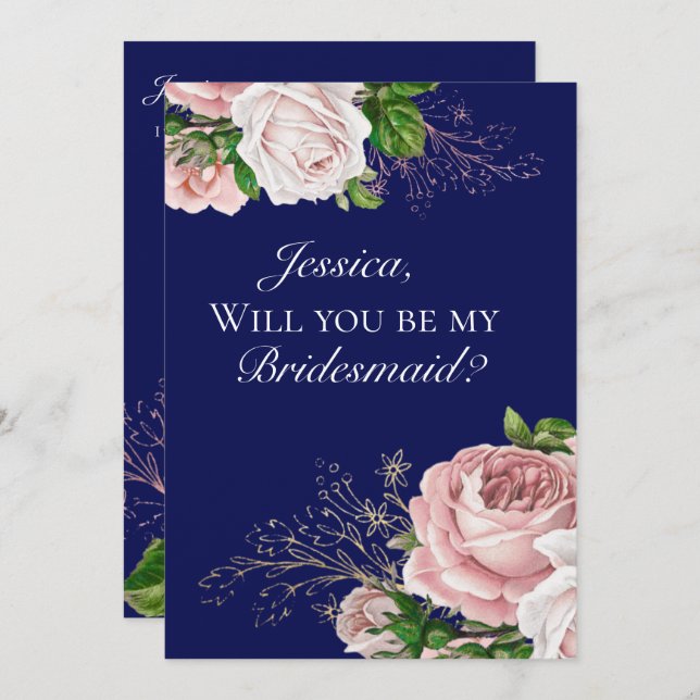 Navy Blue Floral Blush Roses Bridesmaid Invitation (Front/Back)