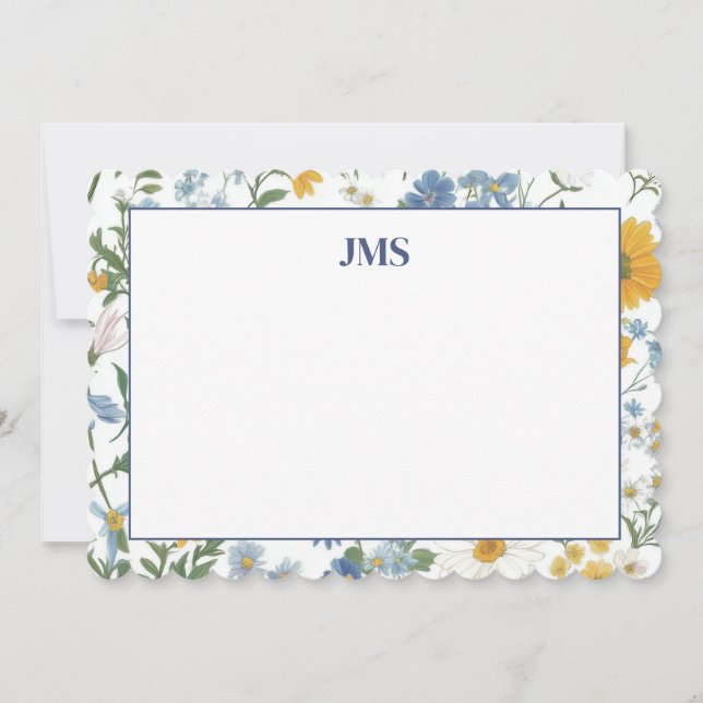 Navy Blue Floral Border Monogram Stationary Card (Front)