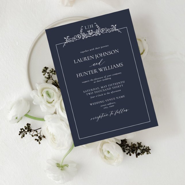 Navy Blue Floral Border Monogram Wedding Invitation (Creator Uploaded)