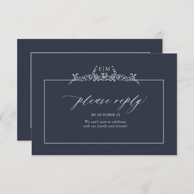 Navy Blue Floral Border Monogram Wedding RSVP Card (Front/Back)