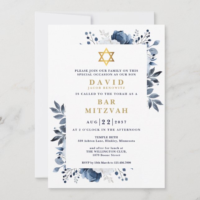 Navy Blue Floral Botanical Bar Mitzvah Bat Mitzvah Invitation (Front)