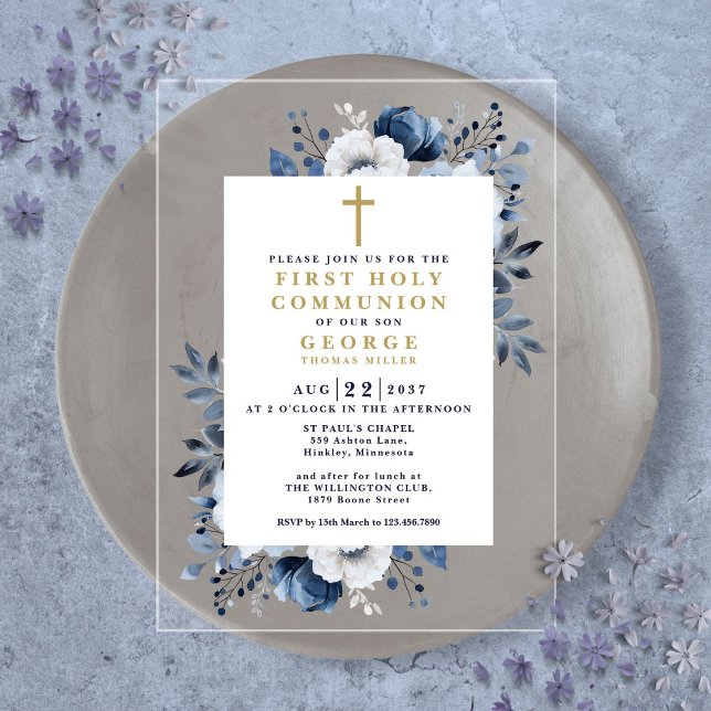 Navy Blue Floral Botanical First Holy Communion Acrylic Invitations (Navy Blue Floral Botanical First Holy Communion Acrylic Invitations)