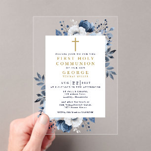 Navy Blue Floral Botanical First Holy Communion Acrylic Invitations