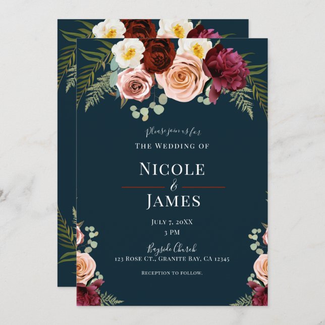 Navy Blue Floral Bouquet Greenery Wedding Invitation (Front/Back)