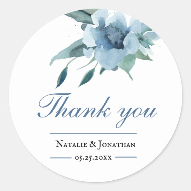 navy blue floral bouquet thank you wedding classic round sticker (Front)
