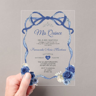Navy Blue Floral Bow Frame Silver Crown Mis Quince Acrylic Invitations