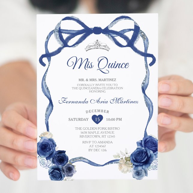 Navy Blue Floral Bow Frame Silver Crown Mis Quince Invitation (Creator Uploaded)