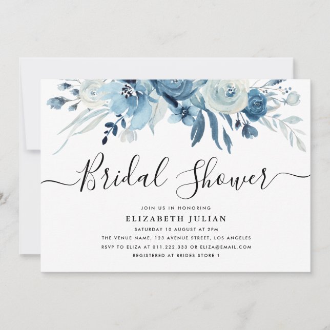navy blue floral bridal shower invitation (Front)