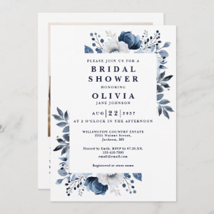 Navy Blue Floral Bridal Shower Photo QR Code Invitation