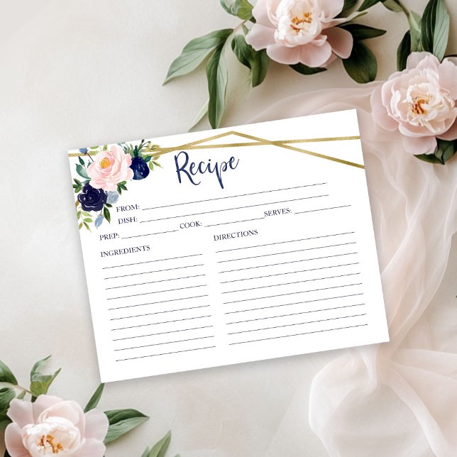 Navy Blue Floral Bridal Shower Recipe Card (Creator Uploaded)