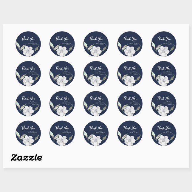 Navy Blue Floral Bridal Shower Thank You Classic Round Sticker (Sheet)
