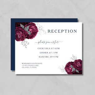 Navy Blue Floral Burgundy Roses Wedding Reception Enclosure Card