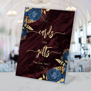 Navy Blue Floral Burgundy Wedding Cards Gifts Pedestal Sign
