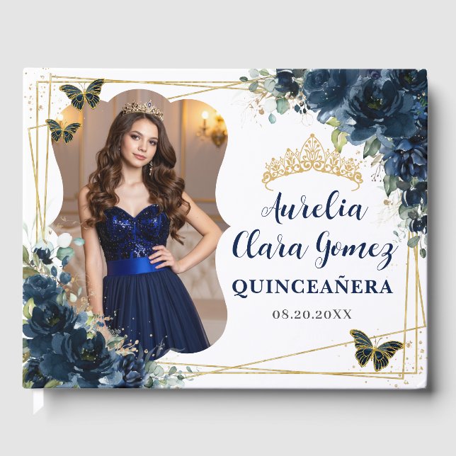 Navy Blue Floral Butterflies QUINCEAÑERA  16 Photo Guest Book (Front)