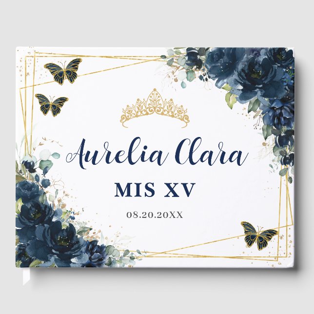 Navy Blue Floral Butterflies QUINCEAÑERA Mis XV  Guest Book (Front)
