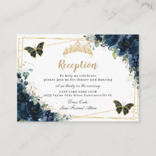 Navy Blue Floral Butterflies Quinceañera Reception Enclosure Card