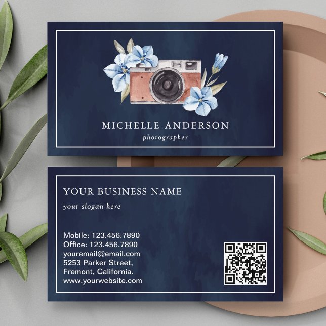 Navy Blue Floral Camera QR Code Photographer Business Card (Creator Uploaded)