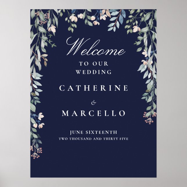 Navy Blue Floral Cascade Wedding Welcome Sign (Front)
