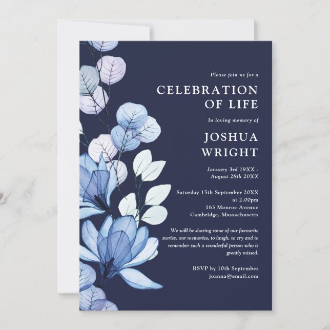 Navy Blue Floral Celebration Of Life Funeral Invitation (Front)