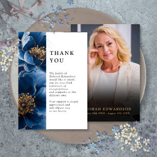 Navy Blue Floral Celebration Of Life Funeral Photo Thank You Card